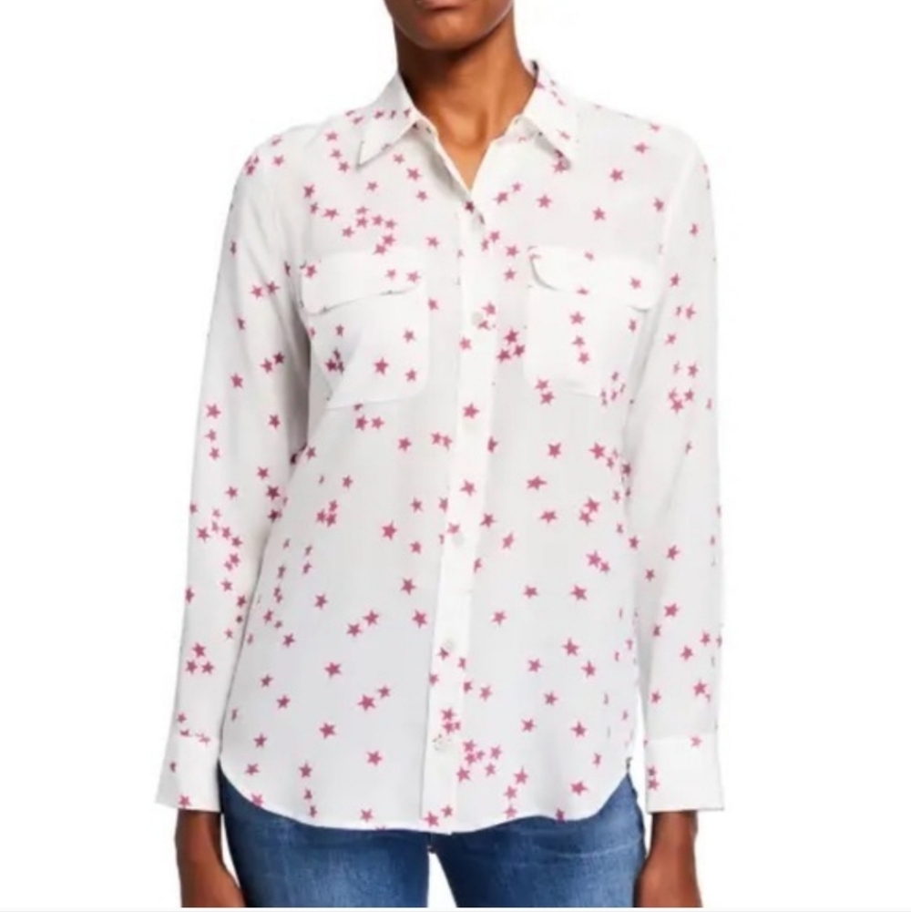 EQUIPMENT Slim Signature Silk Star Print Shirt White/Pink Size Small - Picture 2 of 13